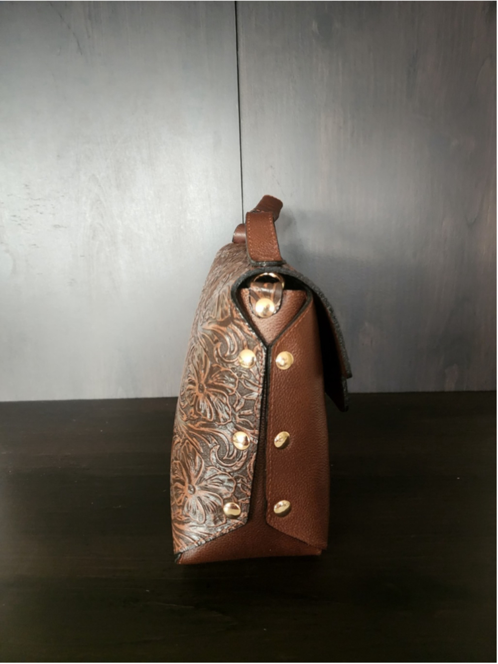 Pecan Brown Floral Studded Embossed Artisan LEATHER Purse Handbag Crossbody - Picture 5 of 15